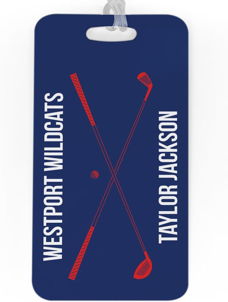 ChalkTalkSPORTS Golf Luggage & Bag Tag | Personalized Crossed Golf Clubs | Standard Lines on Back | Large | Navy/Red