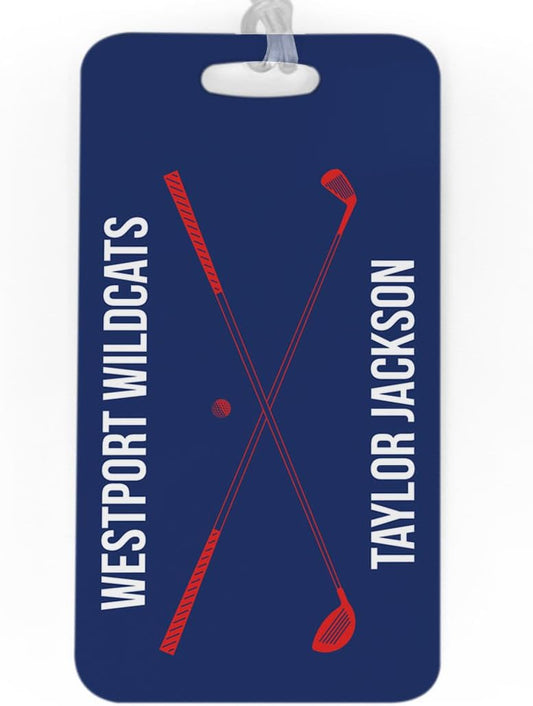 ChalkTalkSPORTS Golf Luggage & Bag Tag | Personalized Crossed Golf Clubs | Standard Lines on Back | Large | Navy/Red