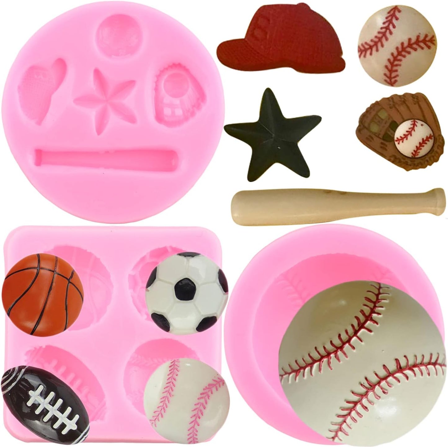 ZiXiang Baseball Silicone Molds Baseball Bat Glove Hat Fondant Mold Basketball Football Rugby Chocolate Molds For Cake Decorating Jelly Shots Candy Gum Paste Set of 4