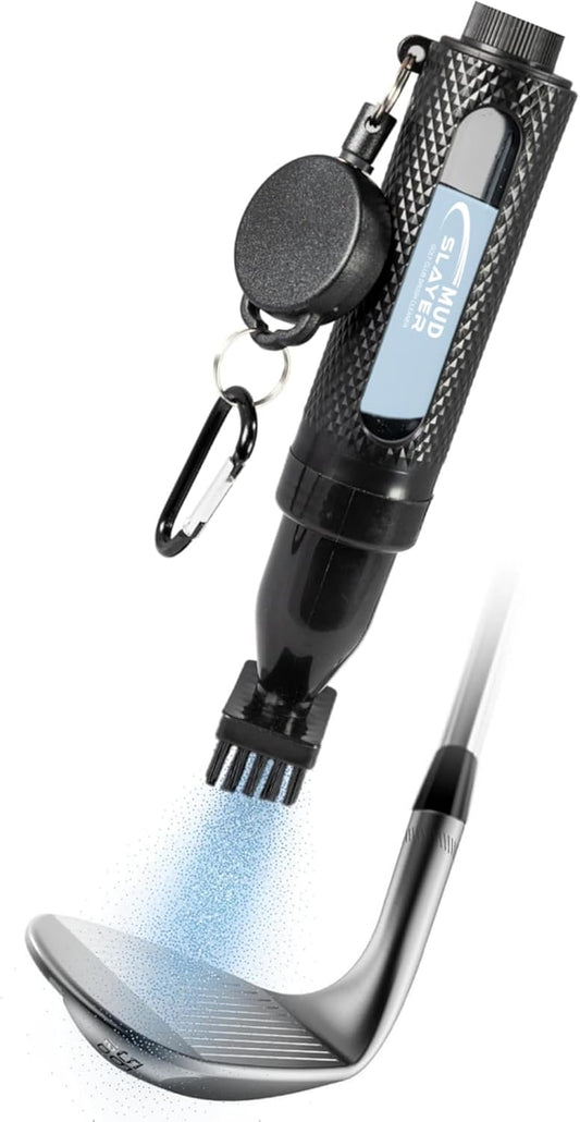 Mud Slayer Golf Club Cleaning Brush with Fine Mist Spray, Leak-Proof Viewing Window & Retractable Clip – Dual Bristle Head, Ergonomic Handle – Must-Have Golf Accessories for Men & Women