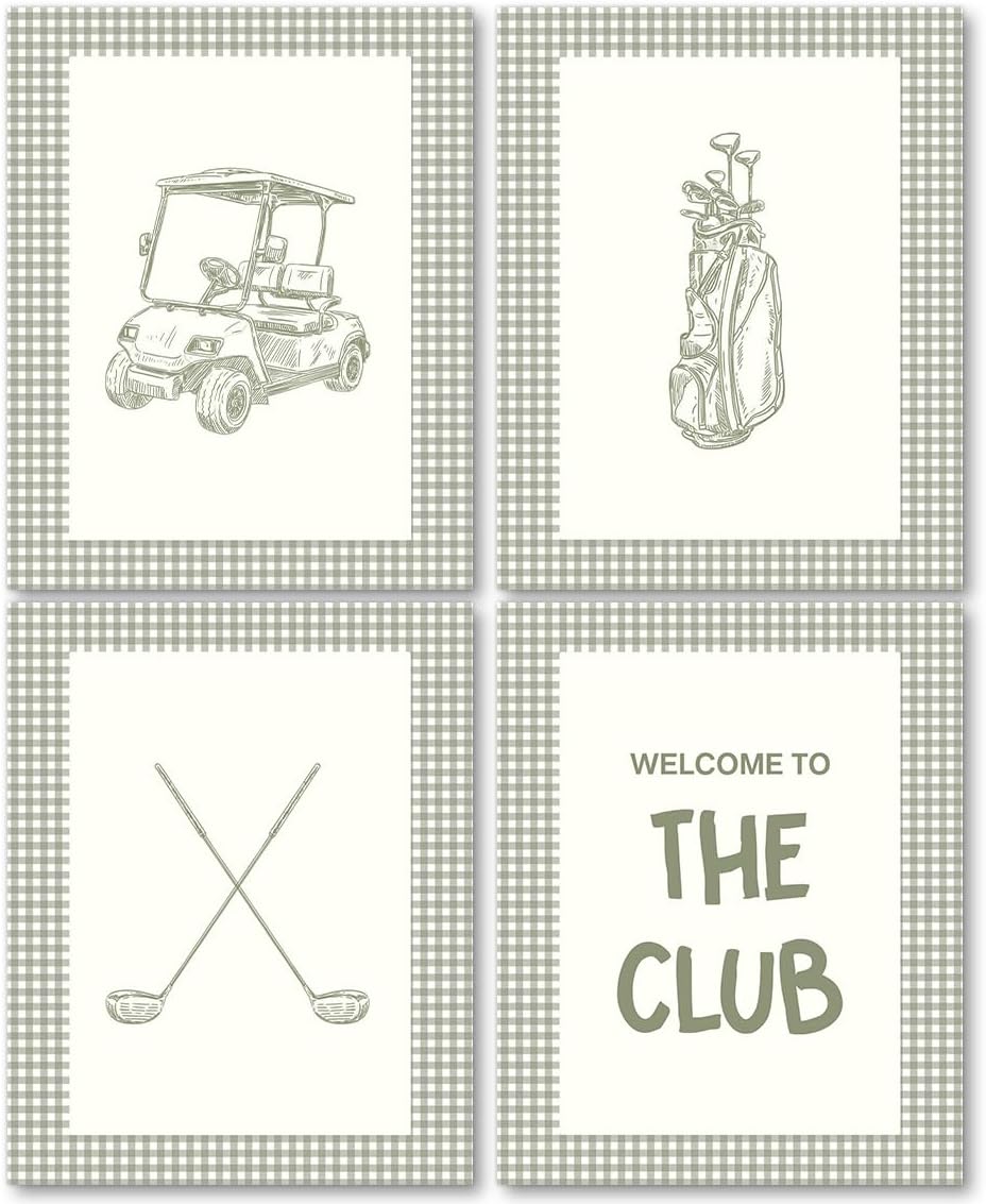 laveliabel Golf Wall Art Prints Set of 4 Unframed, Golf Pictures Wall Decor, GolfGifts for Men, Green Checkered Welcome to The Club Poster Prints for Home Room GolfOffice WallDecor 8x10inches