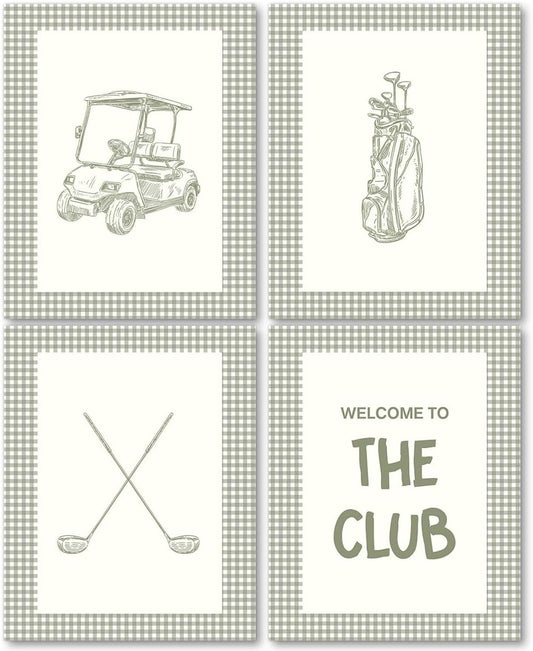 laveliabel Golf Wall Art Prints Set of 4 Unframed, Golf Pictures Wall Decor, GolfGifts for Men, Green Checkered Welcome to The Club Poster Prints for Home Room GolfOffice WallDecor 8x10inches
