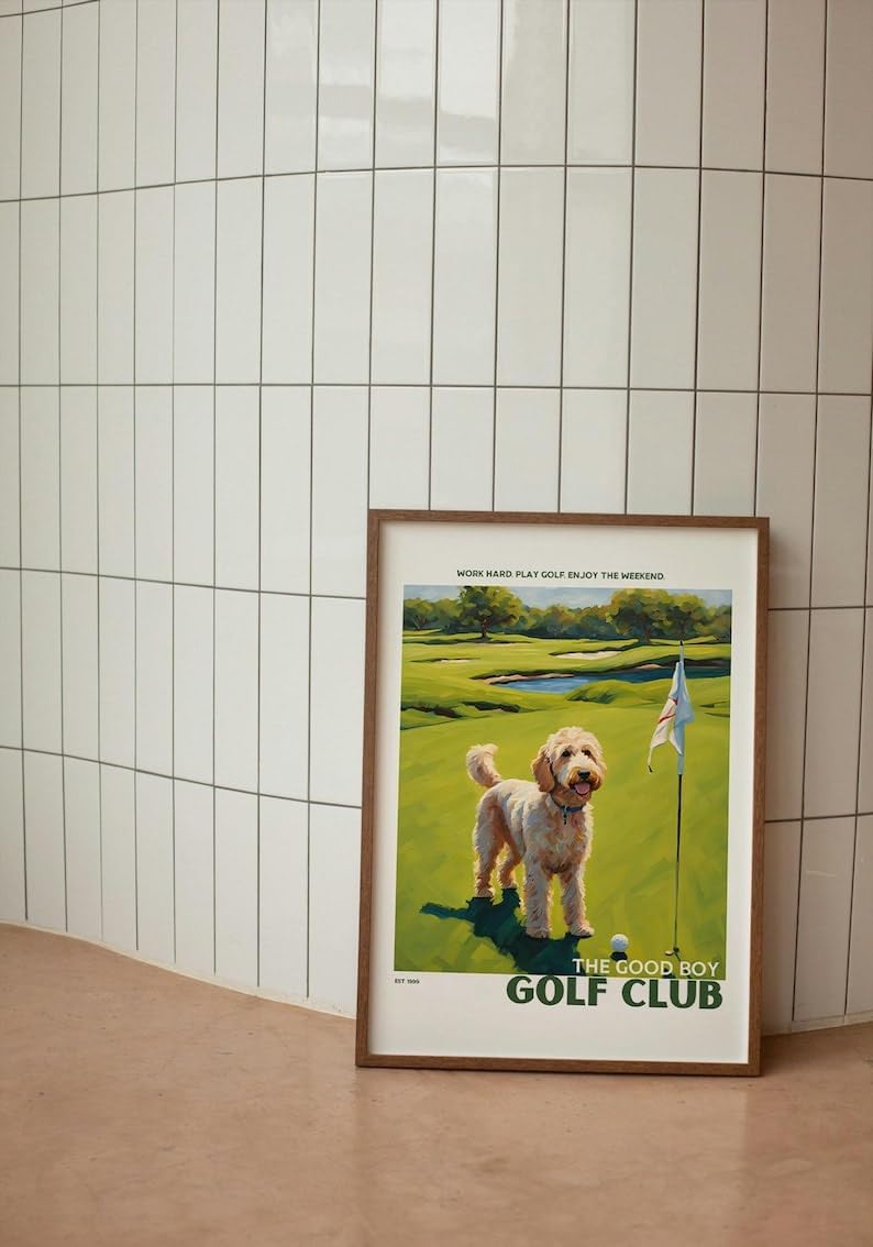 Nationcog Golf Wall Art Print, Good Boy Golf Club Poster with Golden Doodle, Colorful Impasto Artwork, Trendy Sports Decor, Great Golf Gift for Dog Lovers and Enthusiasts (Unframed) (9x11)