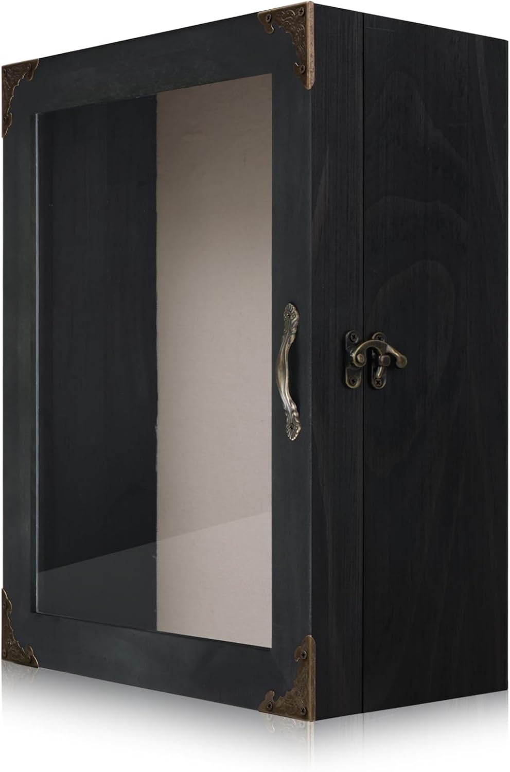 Shadow Box Frame 11x13, Depth 5in Shadow Boxes Display Cases, Acrylic Door, Rustic Burnt Wood, Vintage Metal Accents, Hinged Door, Metal Handle and Latch, Linen Back