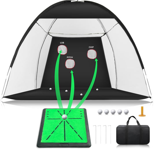 10 x 7ft Golf Net for Backyard Driving Hitting Practice with Swing Path Feedback Mat,Targets & Balls, Indoor & Outdoor Chipping Training Net with Mat, Ideal Gifts for Golfer