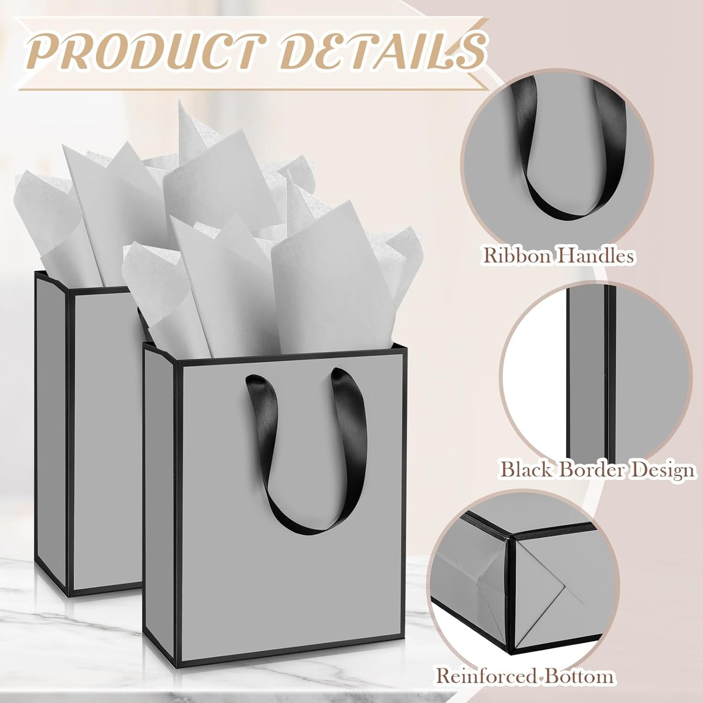 Yeaqee 24 Pack Metallic Paper Gift Bags with Handle and Tissue 9x7x3.1 Gold Foil Welcome Favor Bags Return Gifts for Wedding Fall 5 Senses Christmas Bridesmaid Birthday(Gray, Black)