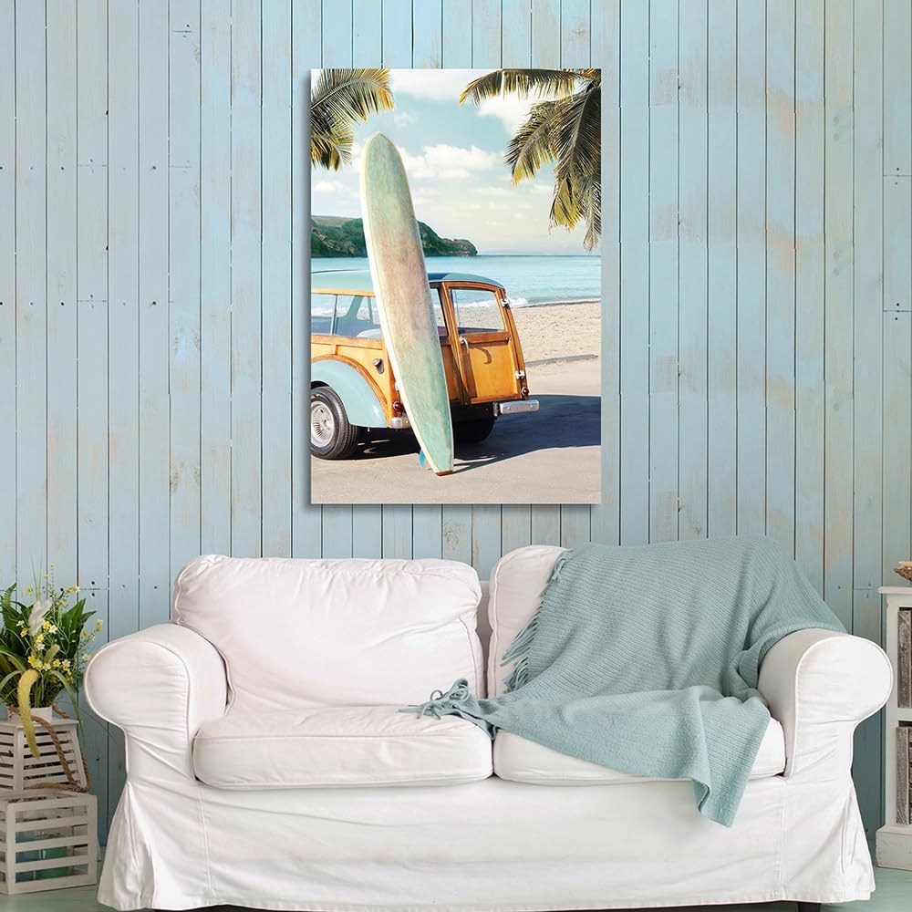 coastal wall art surfboard pictures: beach car wall decor seaside artwork surfing ocean print in beach canvas painting for living room 45" x 30"