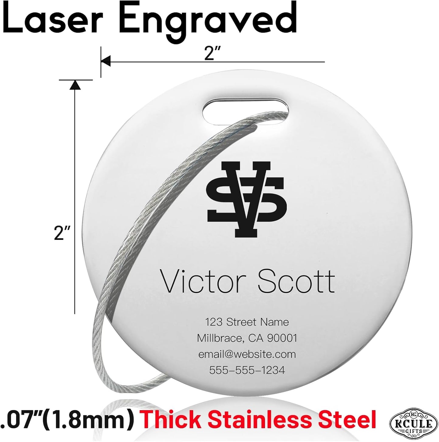 Personalized Luggage Tags for Suitcases - Stainless Steel Custom Luggage Tags for Backpacks & Bags, Sturdy, Waterproof & Heavy Duty (Silver/Round)