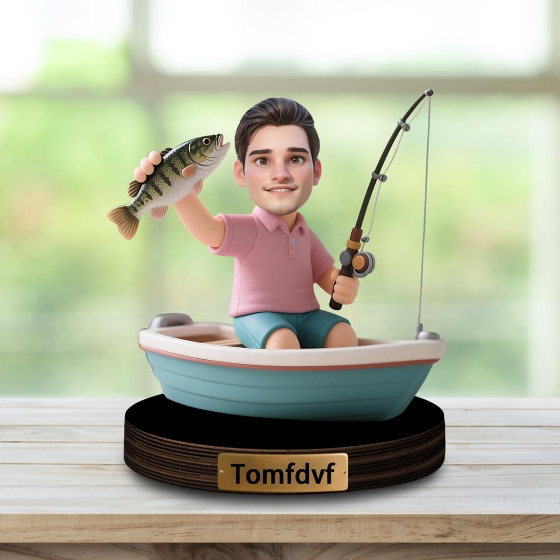 Personalized Fishing Desk Ornament Custom Face Photo Fisherman Plaque Cartoon Fisherman Portrait Boat Office Decor Sign Fishing Lover Keepsake Gifts for Men Dad Birthday Xmas Fathers Day