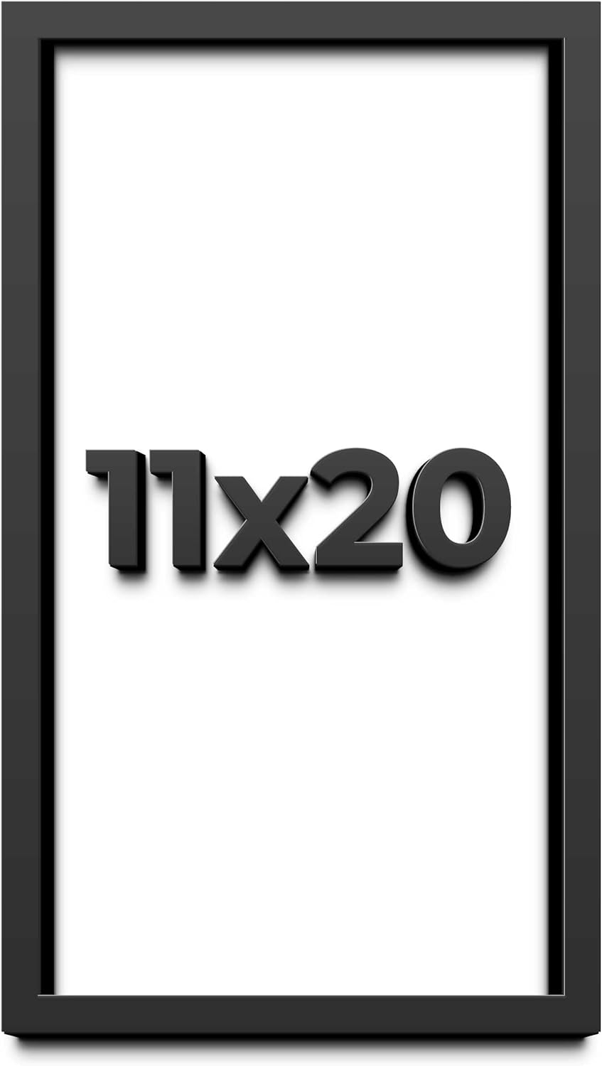 11x20 Shadow Box Black Solid Wood Display Frame with White Acid-Free Backing UV Acrylic & Hanging Hardware - with 3/4" Usable Depth