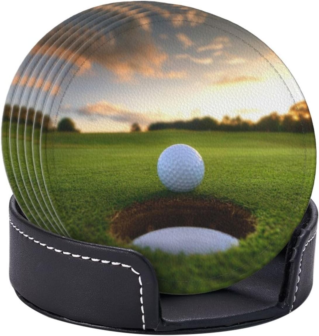 Funny Golf Scenery Coasters for Drinks Round Leather Coaster with Holder Set of 6 for Tabletop Protection Desk Accessories Office Home Room Decor