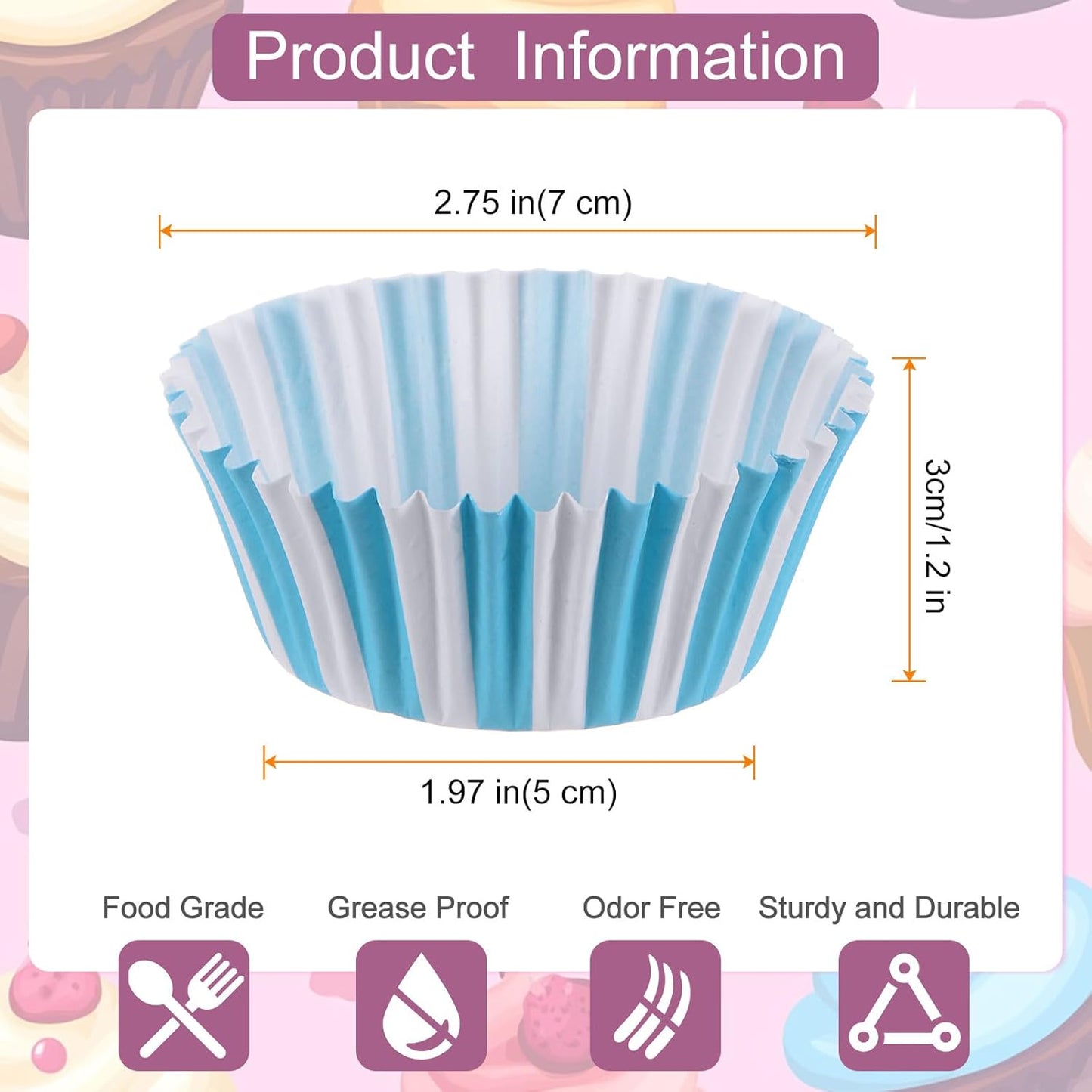 HARFINGTON 100 Count Cupcake Liners Blue Stripe Cupcake Cups Standard Size Muffins Liners Papers Baking Cups Wrappers Greaseproof for Party Wedding Birthday