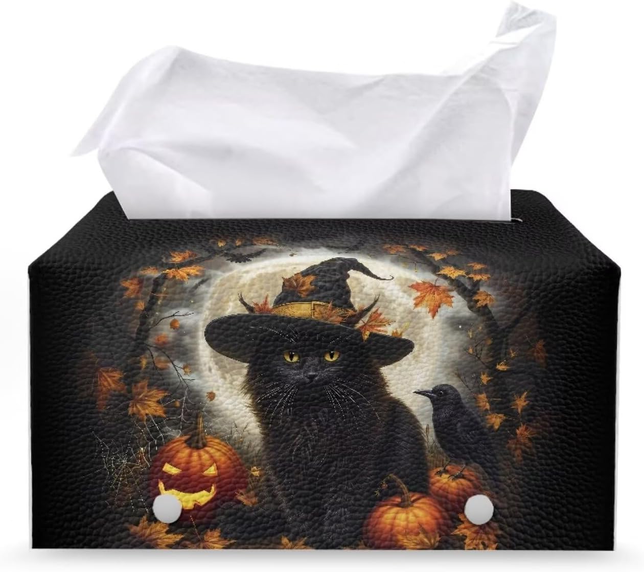 Fall Rectangle Tissue Box Cover with Storage Black Cat Pumpkin Print Tissue Holder for Bathroom Gothic Tissue Box Holder for Home, Car, Hotel, Office Easy to Clean