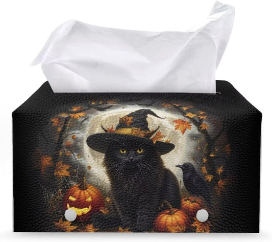 Fall Rectangle Tissue Box Cover with Storage Black Cat Pumpkin Print Tissue Holder for Bathroom Gothic Tissue Box Holder for Home, Car, Hotel, Office Easy to Clean