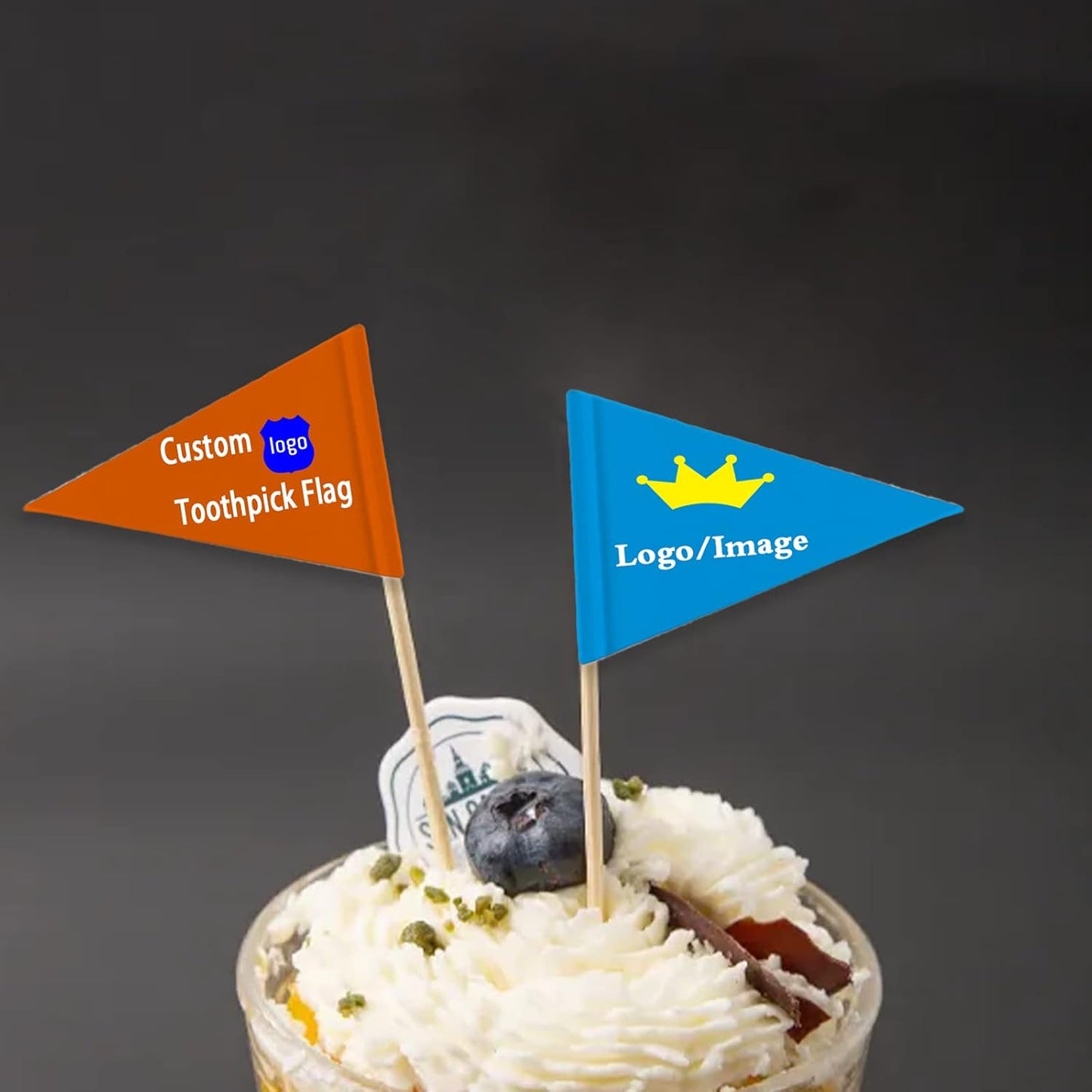 Custom Toothpick Flags with Logo/Photo 100Pcs, Personalized Cheese Markers for Hamburger Cupcakes Toppers Party Decoration Food Labeling -Triangular