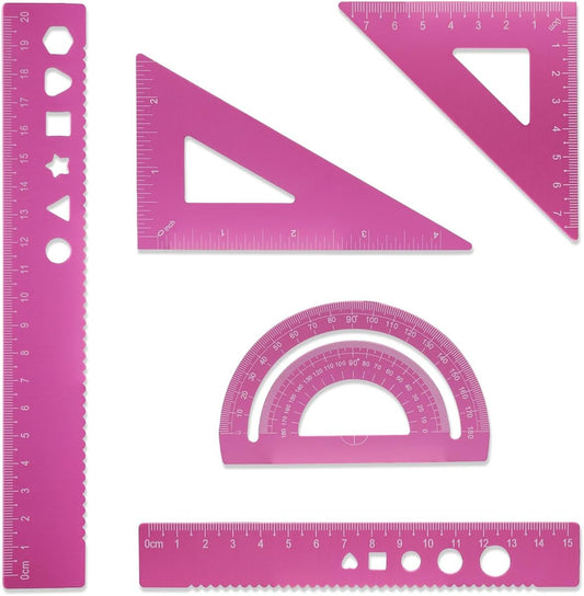 5 Pcs Metal Geometry Set, Math Drafting Ruler Kit- Aluminum Triangle Rulers, Protractor, 8 Inch and 6 Inch Drawing Ruler, Measuring Tool for School and Office Supplies (Light Pink)