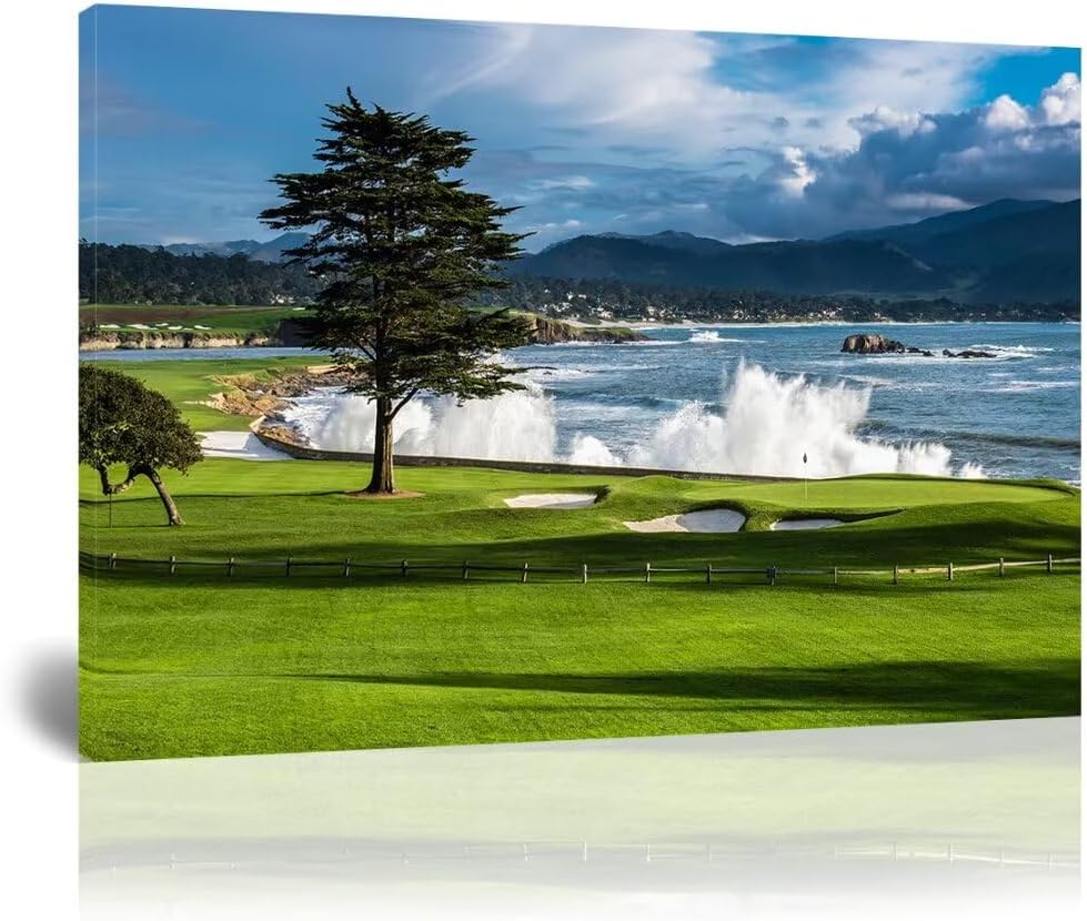 HJY Art USA Golf Course Wall Art Pictures Golf Landscape Wall Decor Blue Green Painting Poster for Home Decor Living Room Bedroom Bathroom Office Gym Framed Artwork Ready to Hang (28 x 44 inch)