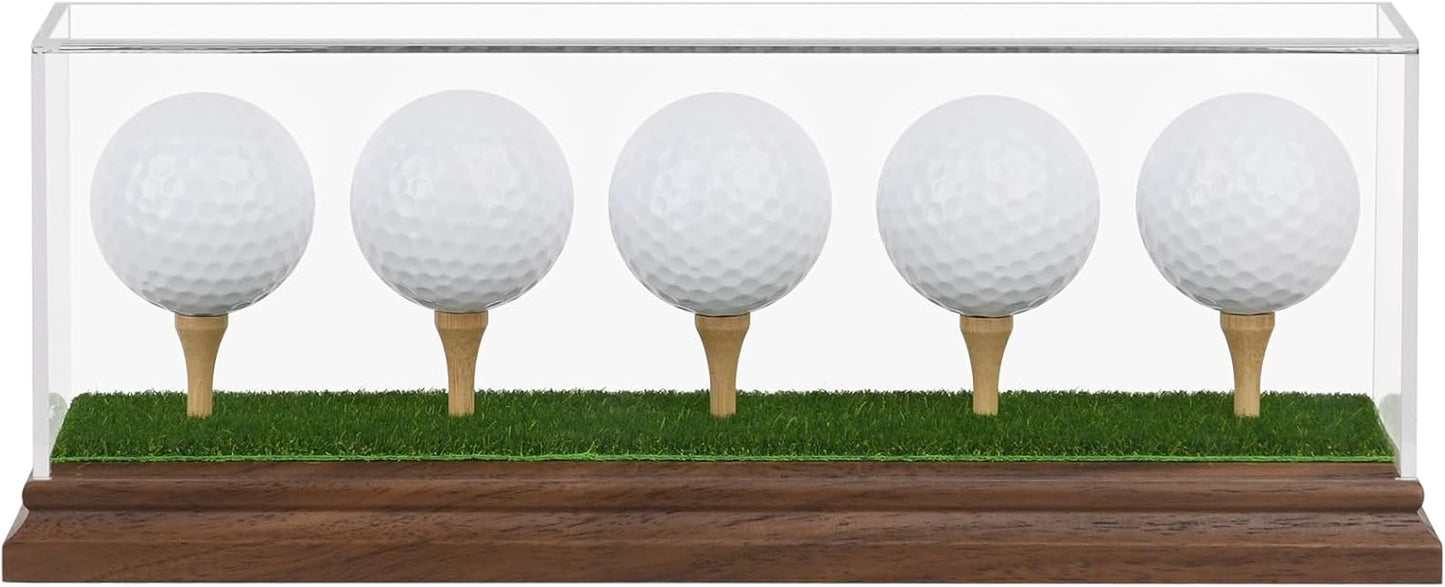 Hole in One Golf Ball Display Case Golf Ball Display Case Holder for 5 Golf Balls Wanult Wood Base Acrylic Golf Ball Holder Stand Lifelike Turf Wood Tee Memorabilia Showcase Cube Box Stand Gift Decor