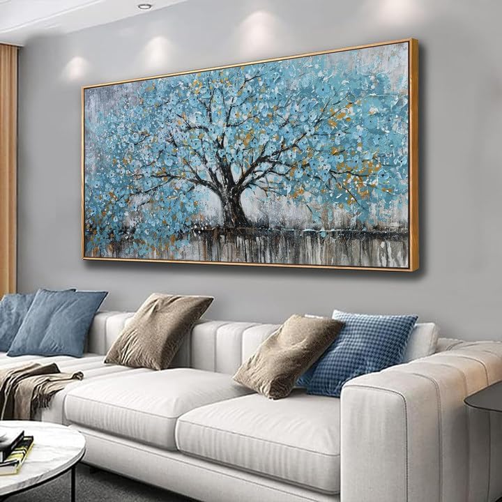 Large Wall Art Teal Blue Abstract Tree Of Life Framed Modern Artwork Canvas Painting Textured Tree Pictures Wall Decor Home Decor Wall Ready To Hang For Bedroom Living Room Size 29"X58"