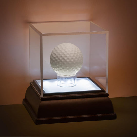 Golf Ball Display Case with Light, UV Protected Clear Acrylic Cube with Wood Base, Sports Memorabilia Display Holder for Single Ball Souvenir Golf Ball Collections
