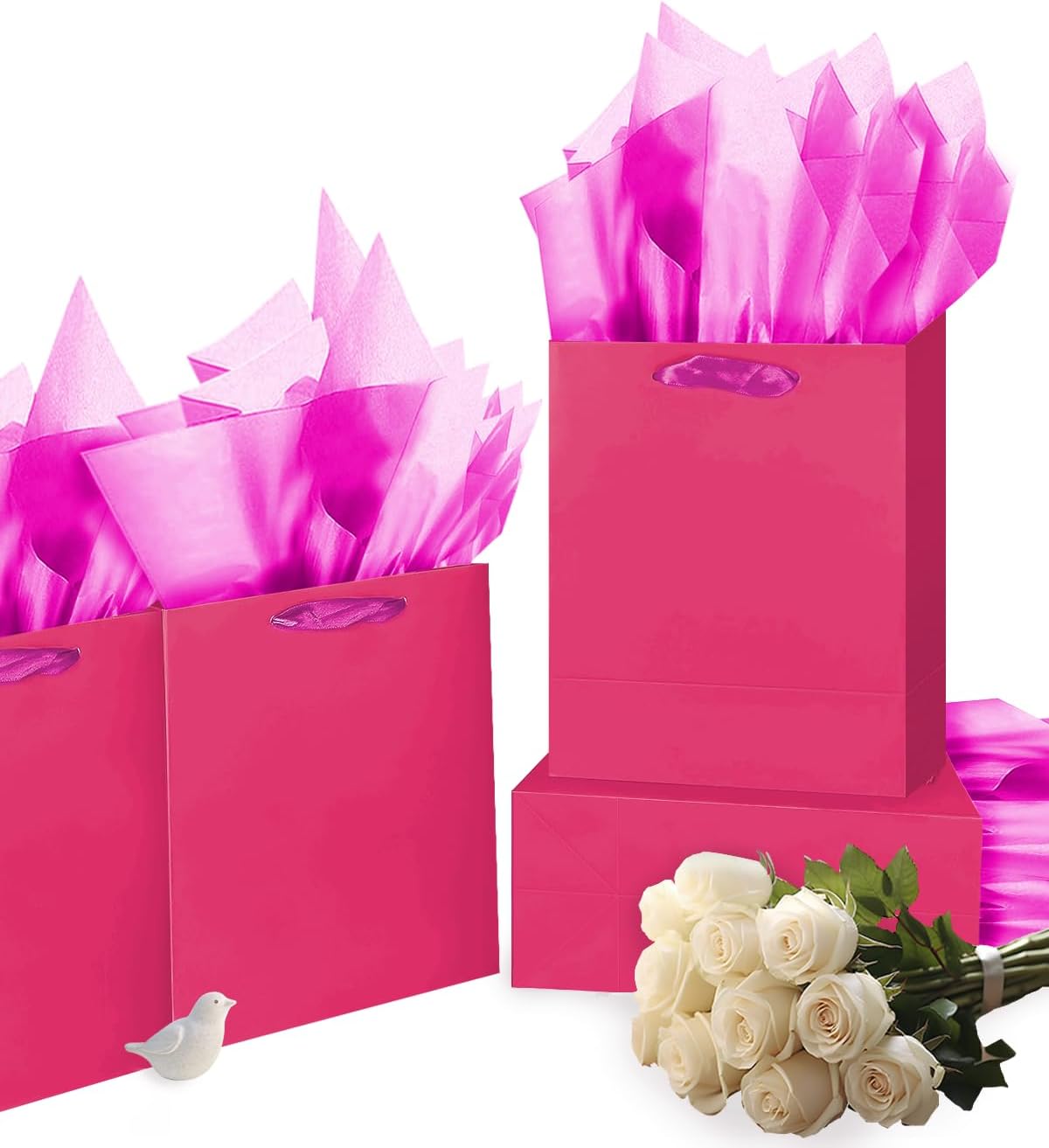 Gcardist Bright Pink Gift Bags with Tissue Paper for Wedding, Birthday, Party Supplies-7.9"x4.3"x9.6" Medium Size Cardboard Gift Bags（16pcs Bags +32pcs Tissue Paper ）