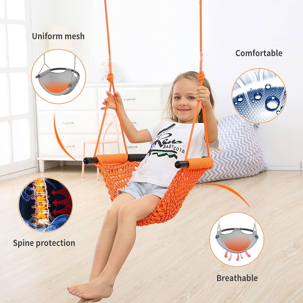 Hand-Knitting Toddler Swing, Swing Seat for Kids with Adjustable Ropes, Little tikes Swings Set, for Outdoor Indoor, Playground, Backyard (Orange)