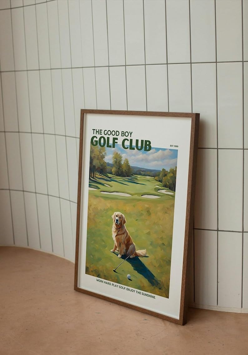 Nationcog Good Boy Golf Club Poster, Golden Retriever Dog on Golf Course Wall Art, Funny Retro Golf Print, Retro Golf Artwork for Dog Lovers, Husband, or Golf Friends (Unframed) (24x36)