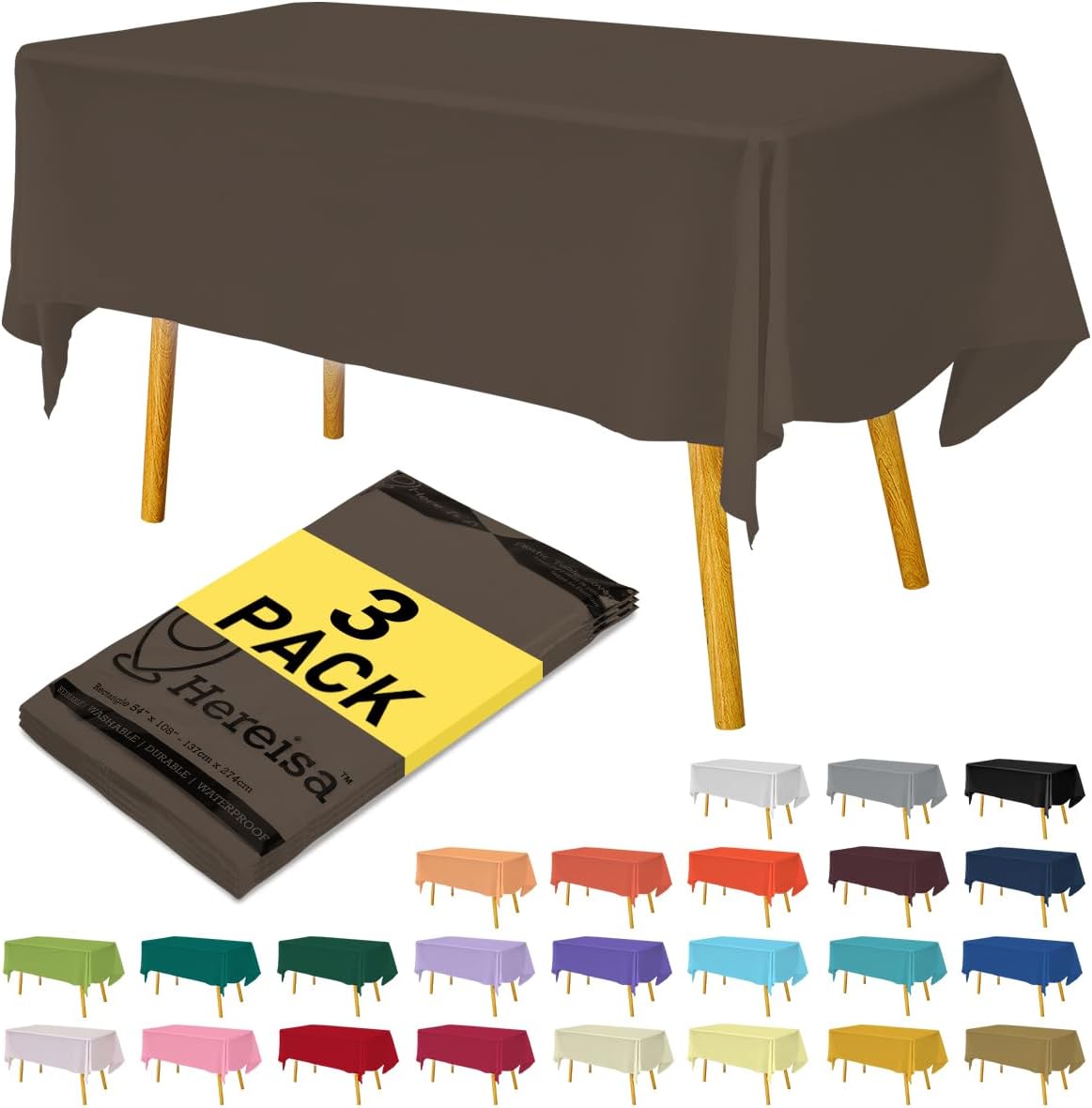 Brown Plastic Tablecloths 3 Pack 54 x 108 Inches Rectangular PEVA Table Covers for Parties, Birthdays, Weddings, BBQ, Picnic