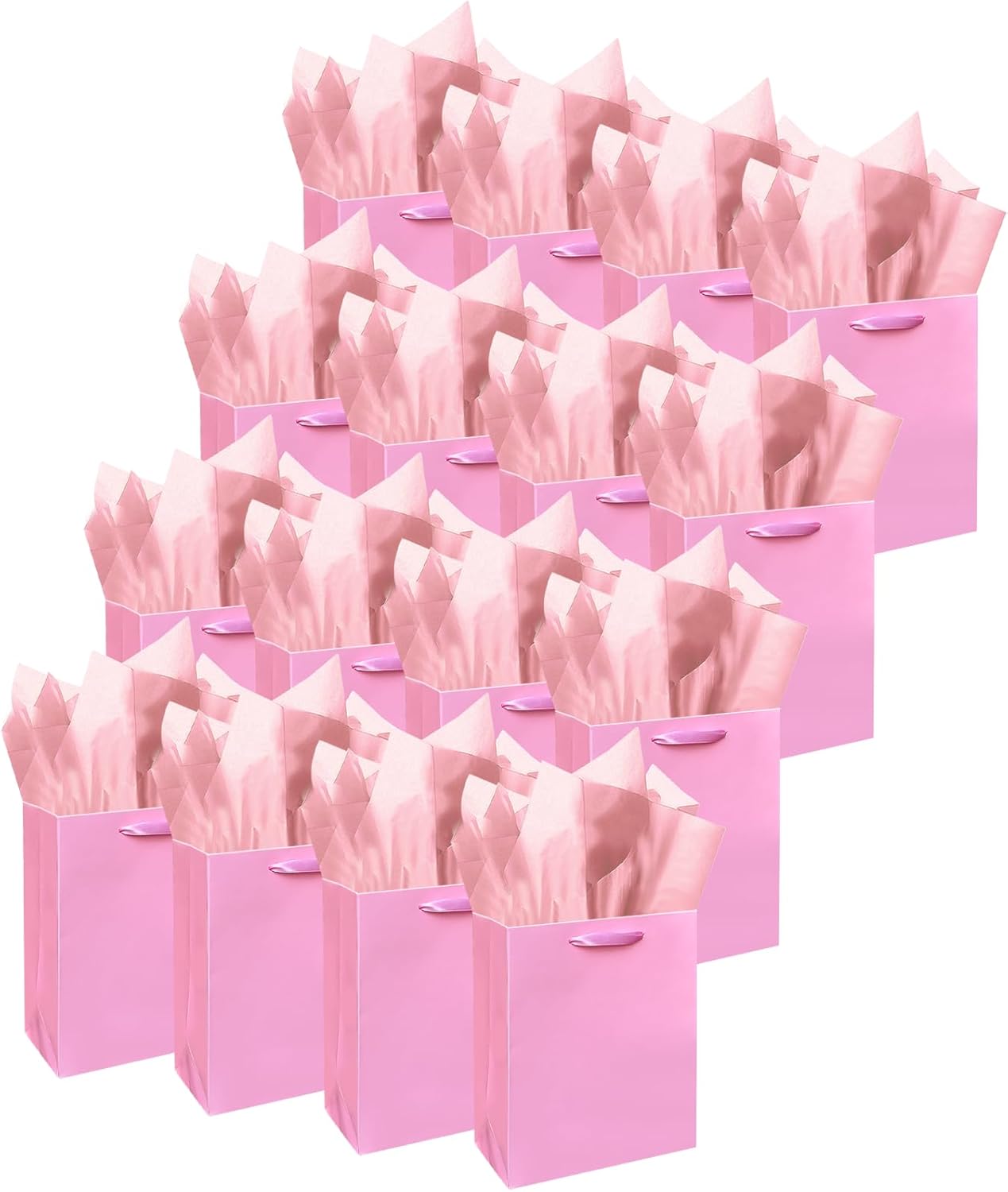 Gcardist Pink Gift Bags with Tissue Paper for Wedding, Birthday, Party Supplies-7.9"x4.3"x9.6" Medium Size Cardboard Gift Bags（16pcs Bags +32pcs Tissue Paper ）