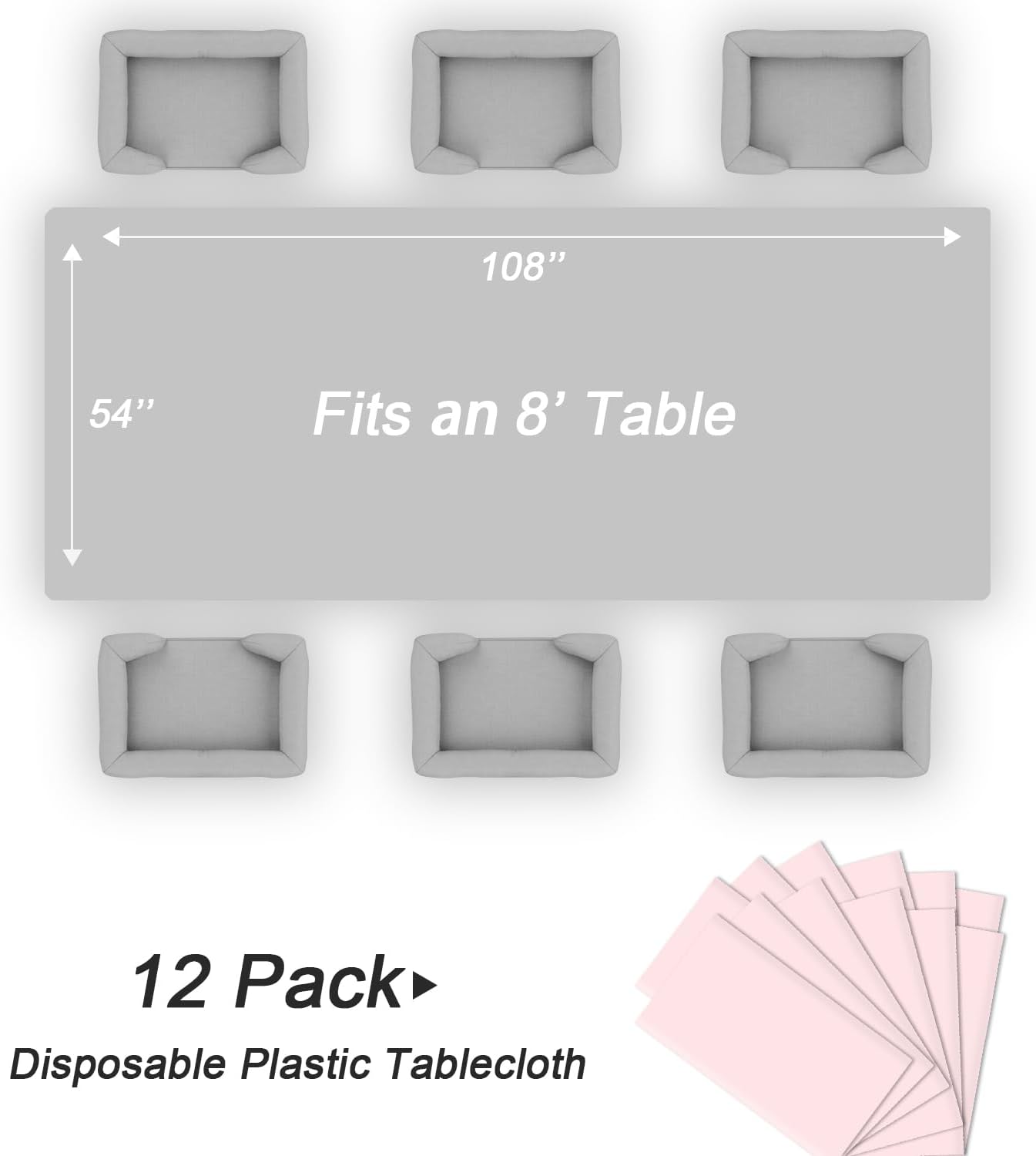 QIKSION Plastic Table Cloth Disposable 12 Pack, 54 x 108 Inch Tablecloths for Rectangle Tables, Pink Plastic Table Cover