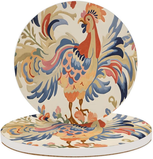 Ceramic Coasters for Drinks with Cork Back, Colorful Rooster Art 4 Inch Absorbent Coaster Set 2 Pack, Quick Dry Non-Slip Coaster Mats for Home, Office, Bar