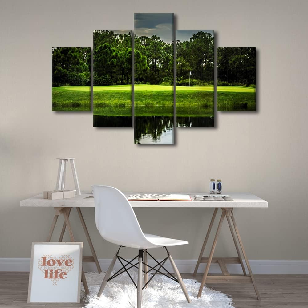 Landscape Pictures Wall Decor Green Golfing Course Wall Art White Golf Ball Artwork for Living Room 5 Piece Canvas Prints Paintings Contemporary House Decorations Framed Ready to Hang - 60"W x 40"H