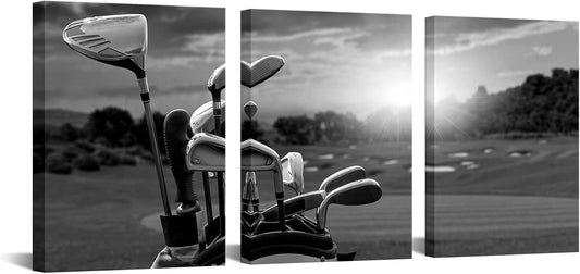 LevvArts 3 Panel Black and White Golf Canvas Wall Art Golf Course at Sunset Landscape Pictures Painting Golfing Sports Artwork Decor for Living Room Gym Ready to Hang (Small)