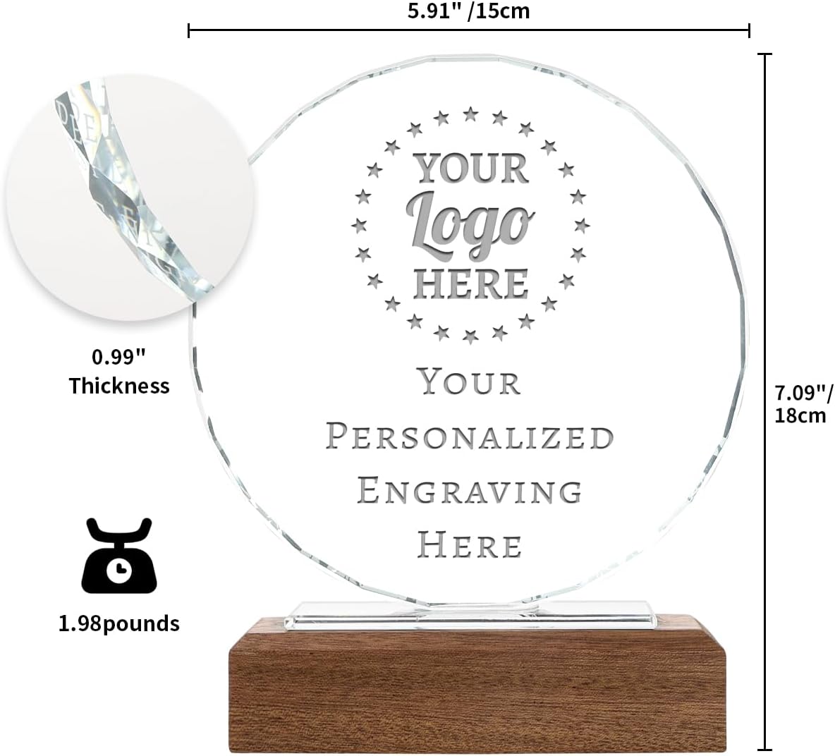 Personalized Crystal Trophy Award with Solid Wood Base - Custom Engraved Plaques for Employee Recognition, Sports Trophies, Thanks Gifts