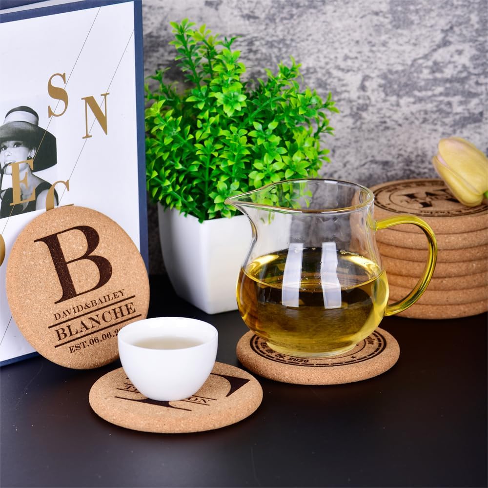 Personalized Cork Coasters for Drinks, Custom Engraved Absorbent Heat & Water Resistant Coasters for Cups and Mugs (W)