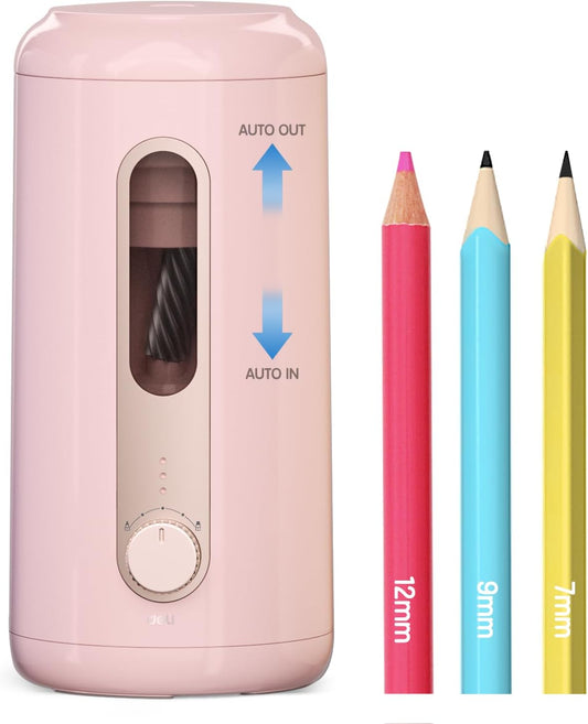 Deli Electric Pencil Sharpener - Fully Automatic, Auto in & Out, Rechargeable Hands-Free for 6.9-12mm - Home, Classroom, Battery Operated, Pink