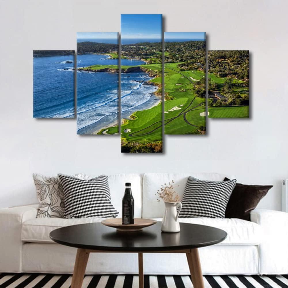 Large Modern Golf Course Wall Art Home Decor Pebble Beach Golf Course Canvas Painting for Living Room Prints and Poster HD Pictures Office Wall Decoration Stretched and Framed 5 Piece(60" W x 40" H)