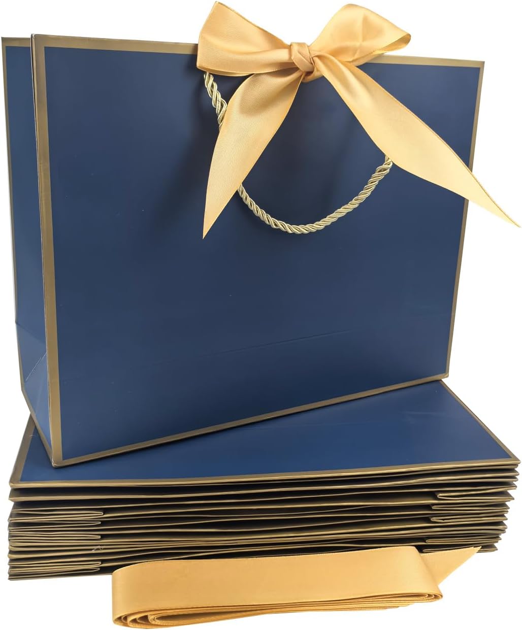 TKSBAG 12PCS Gift Bags Medium Size with Handles, 12.5 x 9.8 x 4.3 In Navy Blue Thank You Bags with Bow Ribbon for Wedding, Birthday, bridesmaid, Groomsmen, Party Favors, Thanksgiving, Christmas