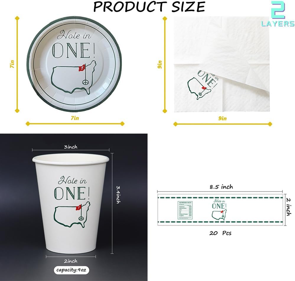Hole in One Golf Party Decorations, 240-Piece Set with Cocktail Napkins, Plates, Cups, Bottle Labels, Toothpick Flags, Straws, Gift Tags, and Forks for Golf Birthday and 1st Hole in One Parties