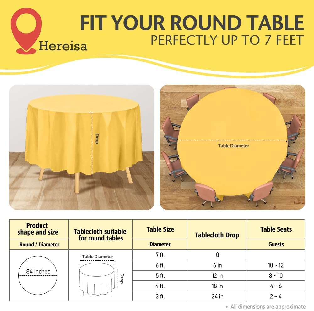 Brand Round Yellow Plastic 84" Disposable Tablecloth (3 Pack), Party & Event Decorative Cover
