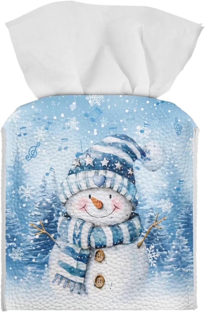 Cute Snowman Tissue Box Cover Christmas Tissue Cover Square Leather Facial Paper Box Holder for Desk Bathroom Vanity Countertop 5x5x5 inch Holiday Home Decor