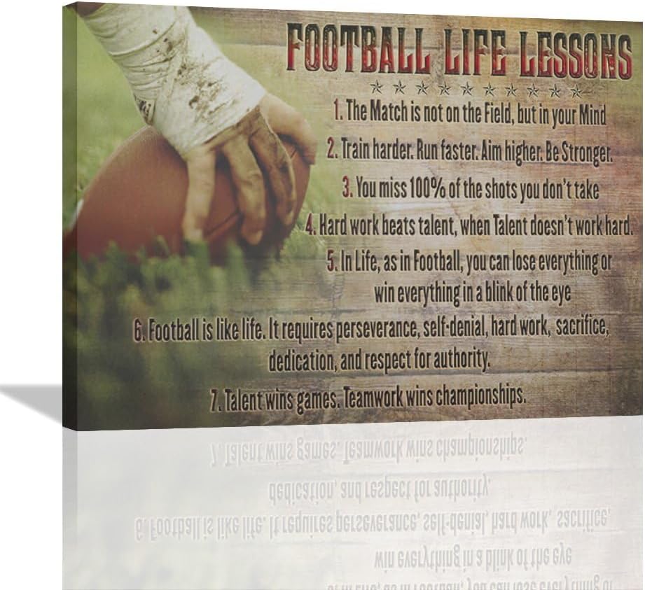 Football Life Lessons Wall Art Pictures Wall Decor Gifts for Football Player Boy Man Football Fan Vintage Football Sports Canvas Painting Print Artwork Framed for Classroom Boy Room Gym Office 20"x24"