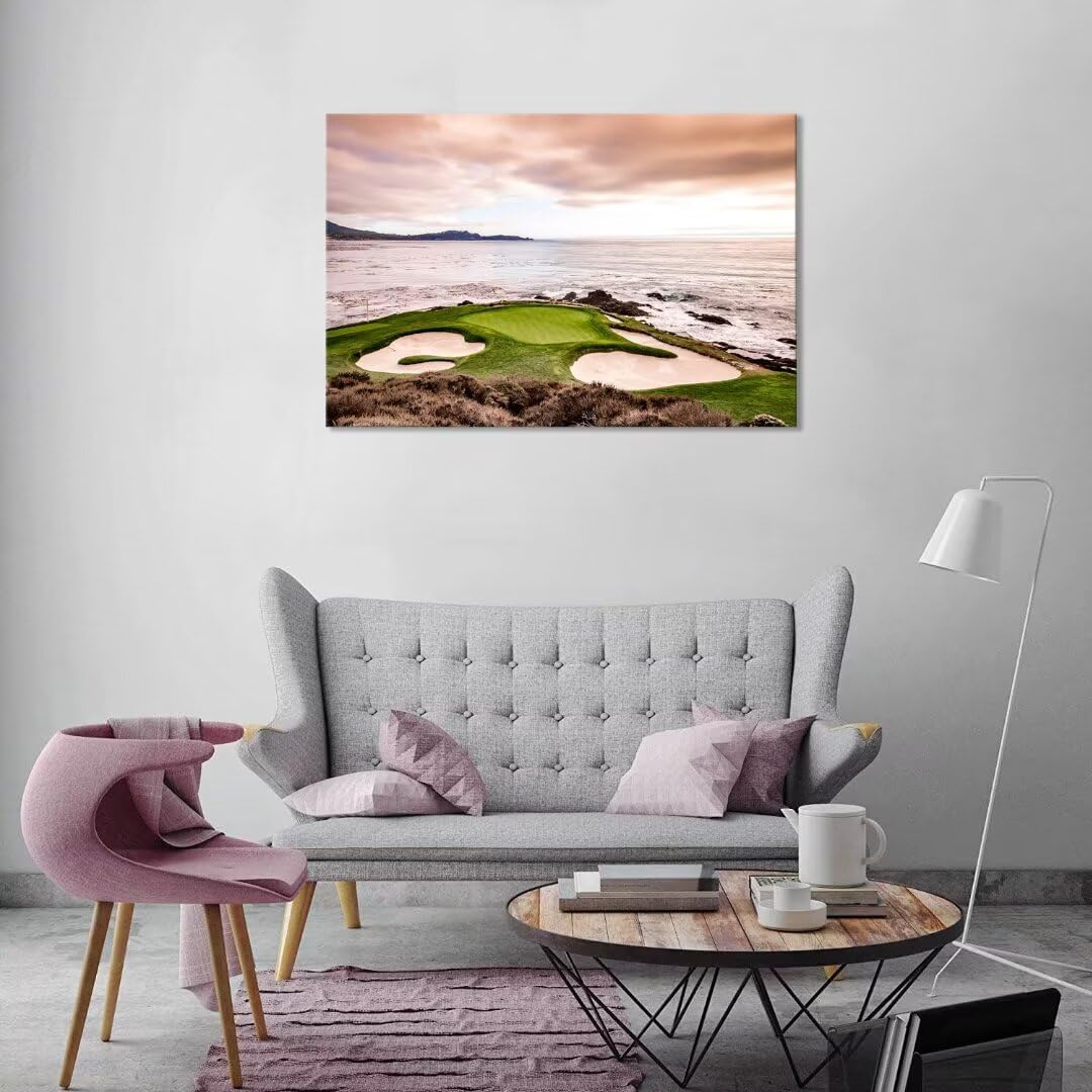 USA California Golf Course Wall Art for Living Room Bedroom Bathroom Home Decorations Coastline Golf Course Greens and Bunkers Picture Poster Framed Artwork Canvas Prints Ready to Hang(12''H x 16''W)