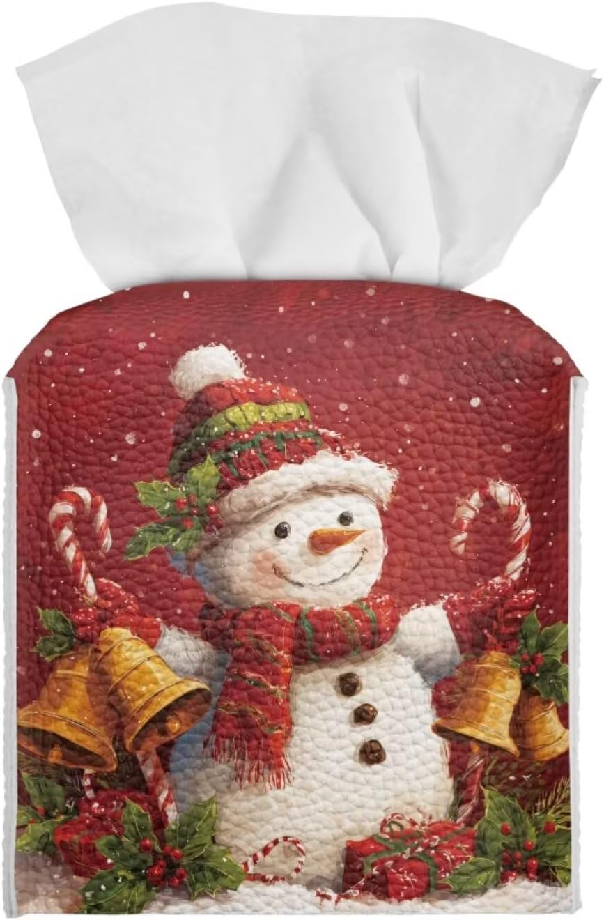 SnowmanTissue Box Cover Square Christmas Tissue Holder Red Facial Paper Box Holder Modern Holiday Home Bathroom Decor Leather Material & Waterproof