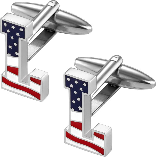 AMITER Initial Cufflinks for Men, American Flag Pattern Cuff Links Men's Shirt Studs Suit Accessories Gift
