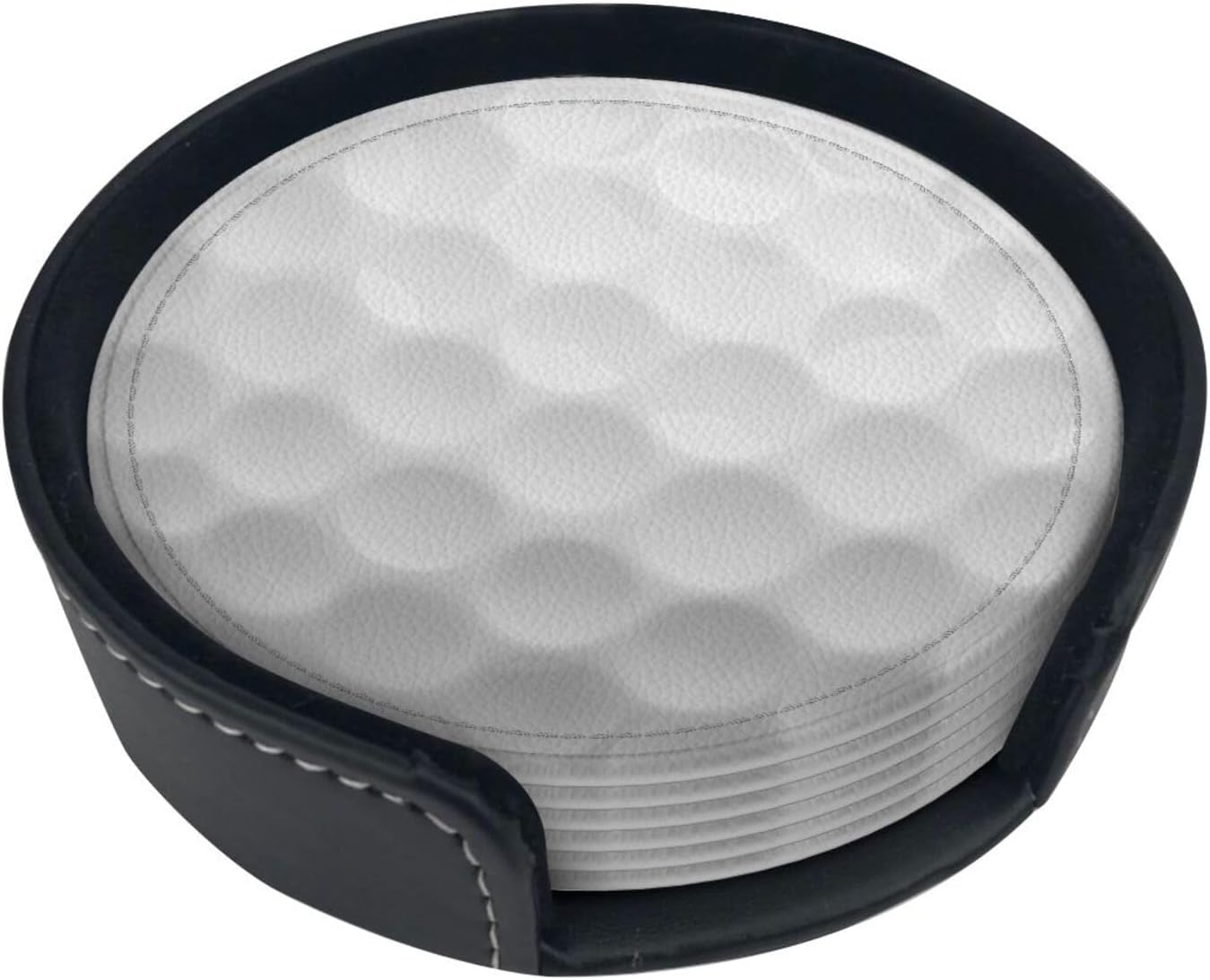 White Golf Ball Coasters For Drinks With Holder, Leather Coasters Set Of 6, Round Cups Mugs Mat Pad For Home Kitchen