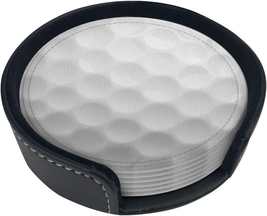 White Golf Ball Coasters For Drinks With Holder, Leather Coasters Set Of 6, Round Cups Mugs Mat Pad For Home Kitchen
