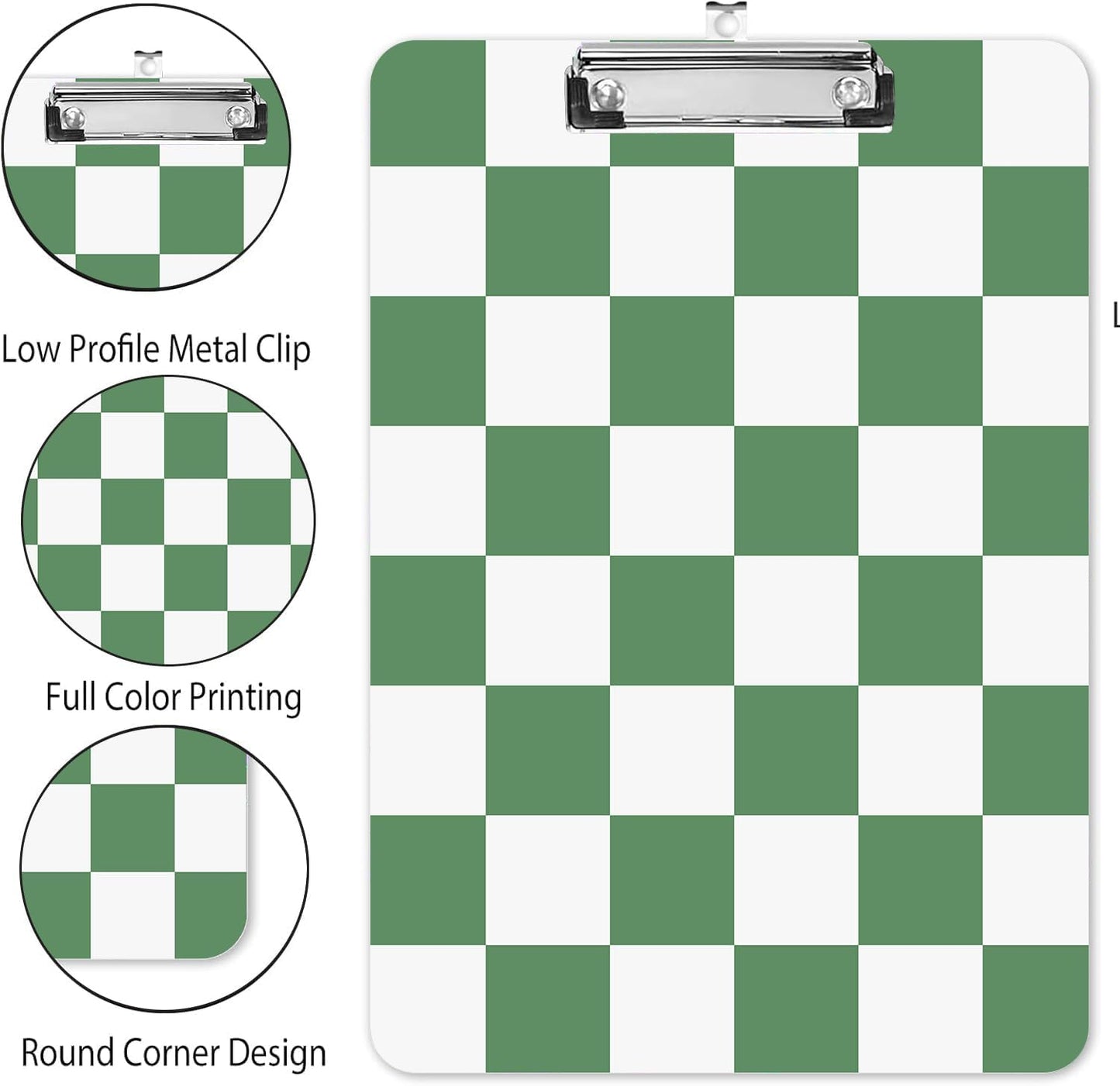 Fashion A4 Clipboard, Standard Letter Size 9" x 12.5", Decorative Wooden Clipboard with Low Profile Metal Clip for Office, School, Teachers, and Students, Green White Checkered Lattice