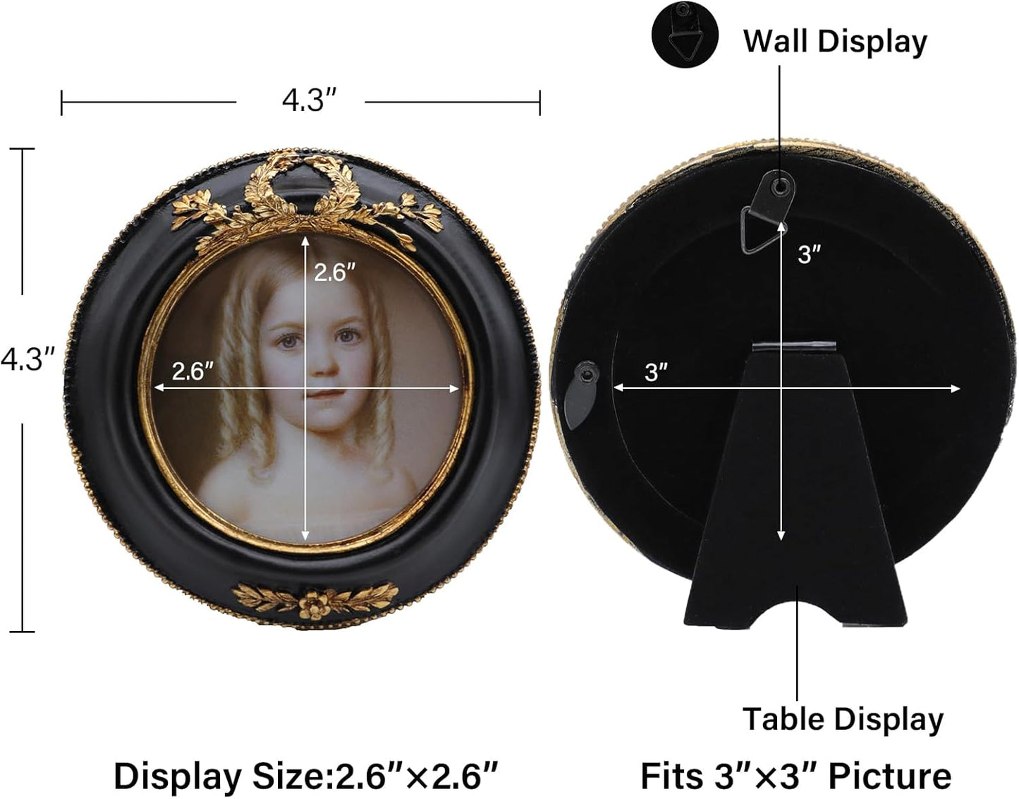 SYLVIA'S SHOP 3x3 Small Vintage Round Picture Frame, Mini Antique Ornate Circle Photo Frame, for Tabletop and Wall Display, Retro Home Decor, Old Fashioned Photo Gallery Art, Black and Gold