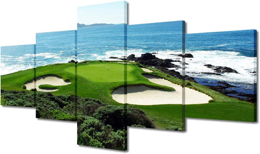 Pebble Beach Golf Course-California USA Wall Art Canvas Prints Wall Decor Picture 5 Panel Blue Sky Sea Golf Course Coast Decorations for Home Office Poster Framed Stretched Ready to Hang - 50"W x 24"H